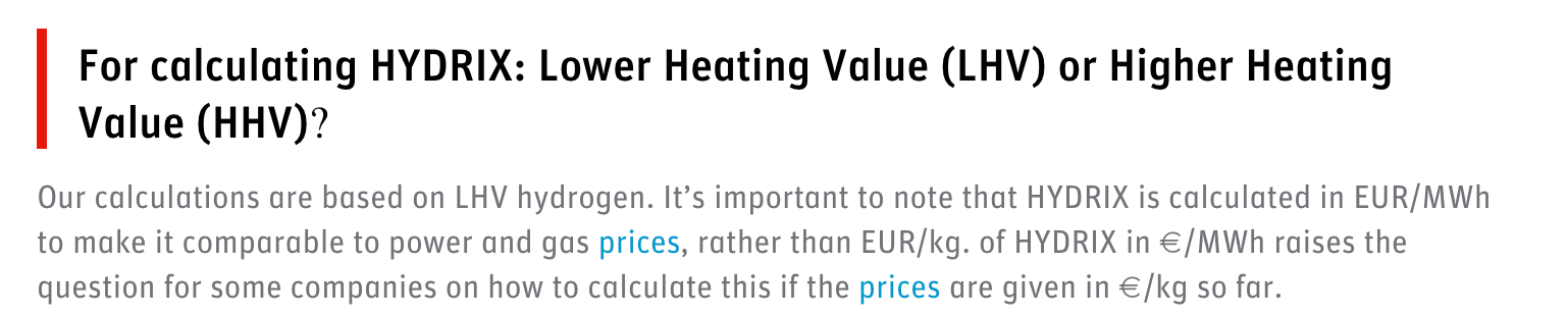 EEX Hydrix FAQ statement on using LHV and MWh for green hydrogen