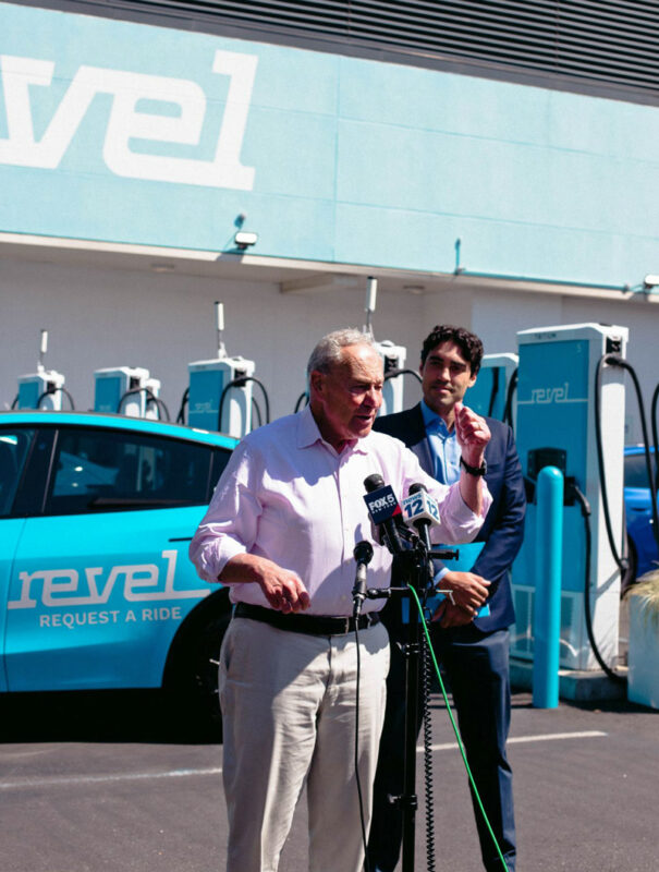 Senator Chuck Schumer appears with Revel CEO Frank Reig at Revel's one millionth ride event in New York City,