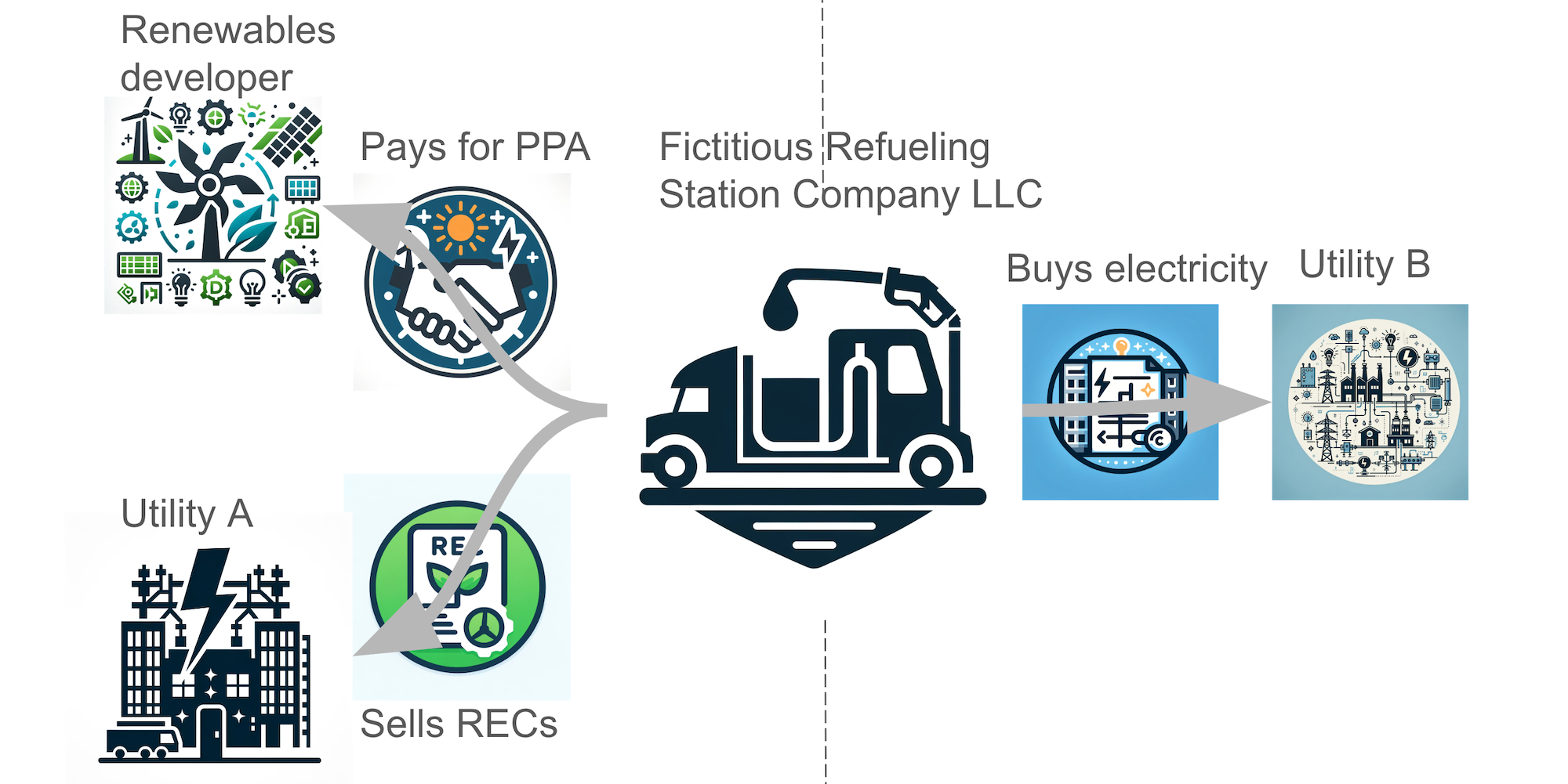 Diagram showing separate transactions for PPAs, RECs and commercial electricity by Michael Barnard, Chief Strategist, TFIE Strategy Inc., icons by ChatGPT & DALL-E