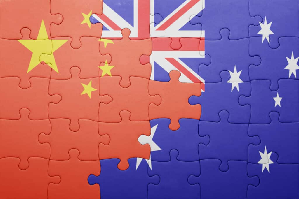 puzzle with the national flag of china and australia