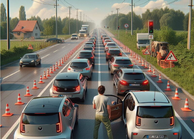 "Traffic Stuck at a Red Light" Image created by Bing, a chat mode of Microsoft Bing.