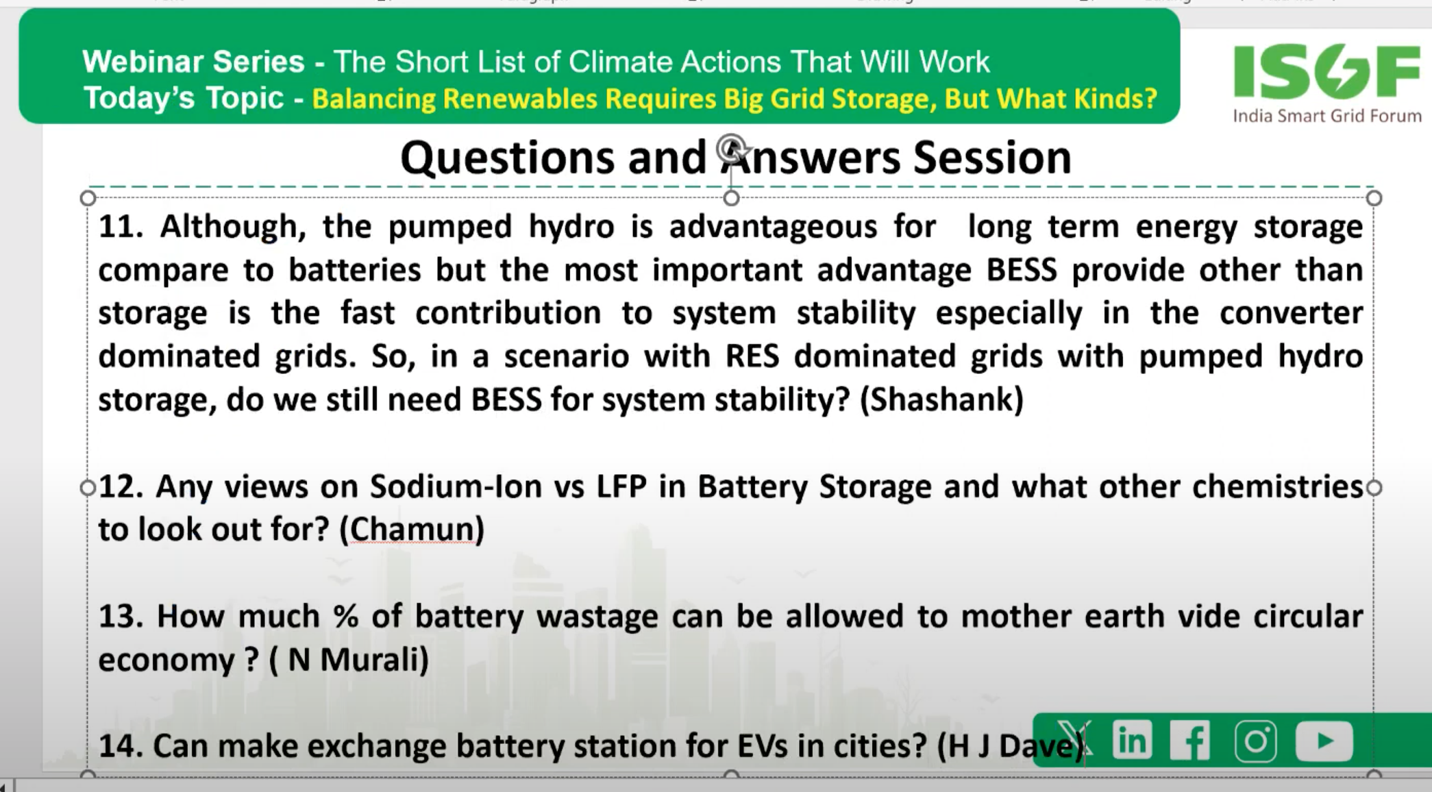 Questions from participants from Michael Barnard's seminar on grid storage through the Indian Smart Grid Forum