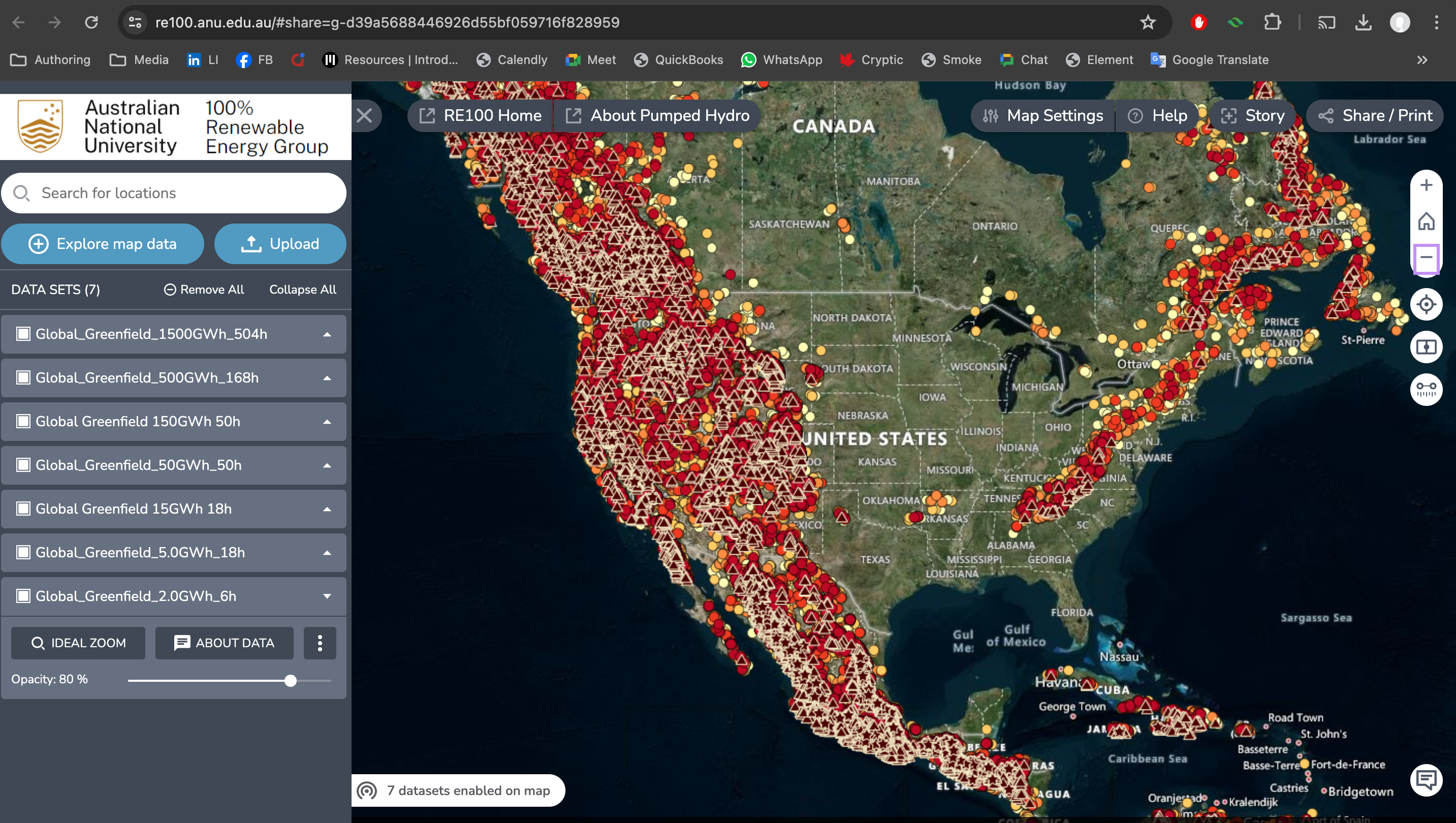 Australian National University greenfield pumped hydro atlas of closed loop, off river sites in North America