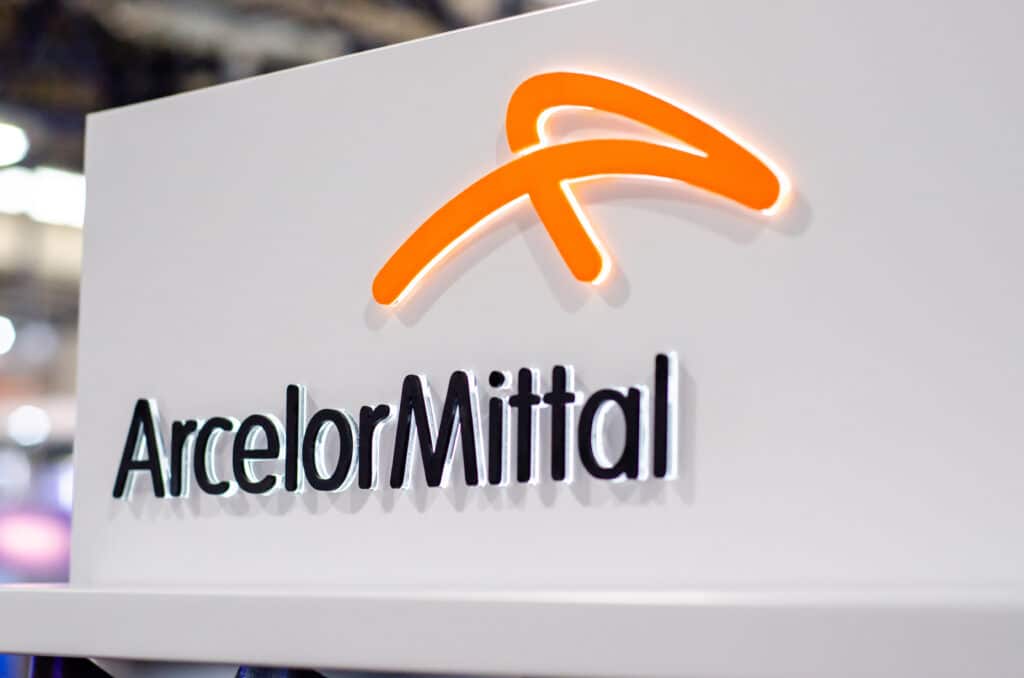 Kyiv, Ukraine - March 17, 2021: ArcelorMittal exhibition stand.