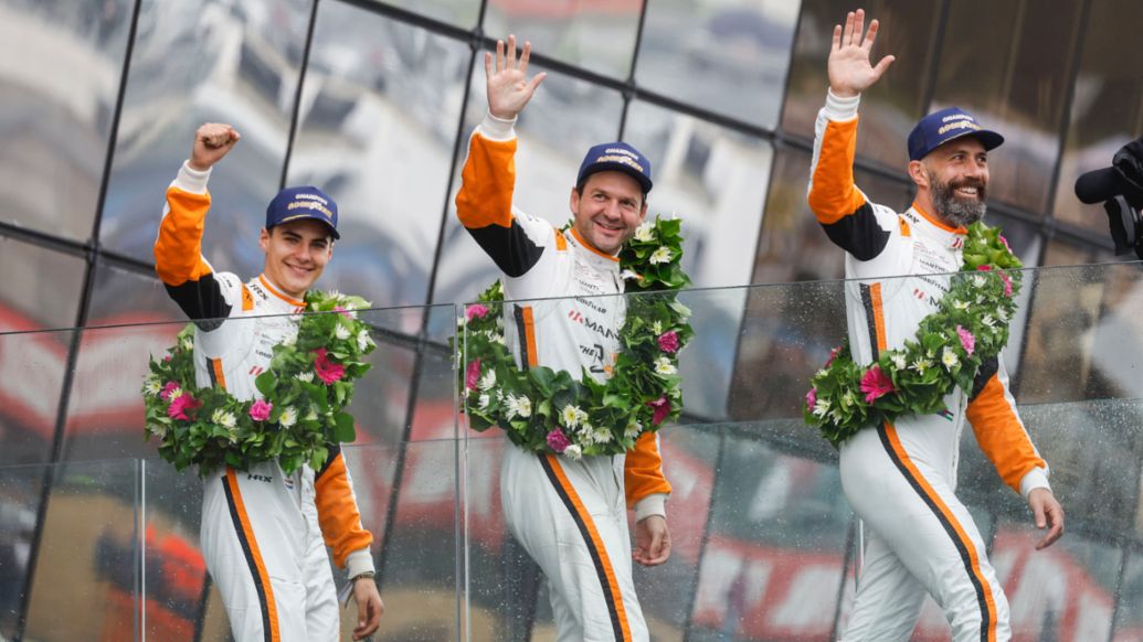 Morris Schuring (NL), Richard Lietz (A), Yasser Shahin (AUS) (l-r), Manthey EMA (#91), Le Mans, France, 2024, Porsche AG