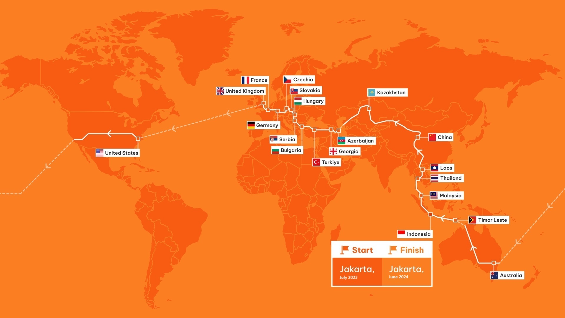 map showing a solo electric motorcycle trip around the world