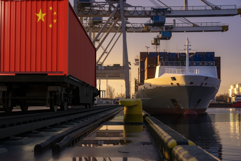 Container with a painted China flag in the port