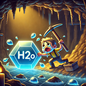 ChatGPT generated cartoon icon of someone in a deep mine trying to separate a hydrogen atom from the H2O molecule