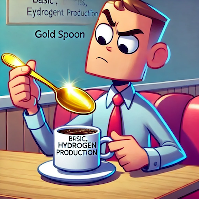 ChatGPT generated cartoon icon illustrating the inefficiency of wasting cheap electricity on hydrogen, symbolized by using a gold spoon to stir a simple cup of diner coffee.