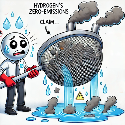 ChatGPT generated cartoon icon illustrating that hydrogen's zero-emissions claim is like calling a sieve full—emissions still leak through at every stage.