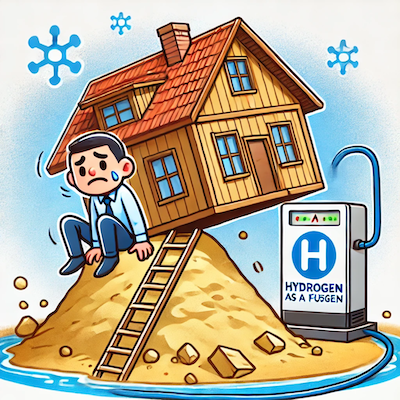 ChatGPT generated cartoon icon illustrating the concept that hydrogen as a fuel is like building a house on sand—unstable, costly, and hard to maintain.