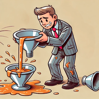 ChatGPT generated cartoon icon of a man trying to use a funnel as a soup bowl.