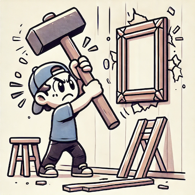 ChatGPT generated cartoon icon of a character trying to hang a picture using a sledgehammer, emphasizing the absurdity of using such a tool for the task.