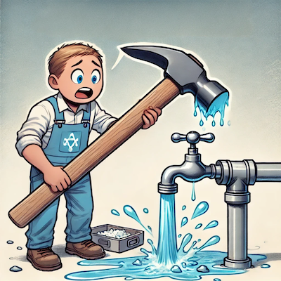 ChatGPT generated cartoon icon symbolizing the idea that claiming hydrogen solves mineral shortages is like using a sledgehammer to fix a leaky faucet—overkill and missing the point.