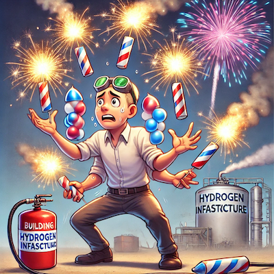 ChatGPT generated cartoon icon illustrating the challenges of building hydrogen infrastructure, symbolized by a character juggling lit fireworks