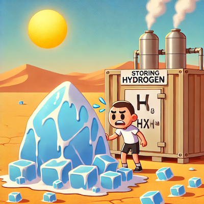 ChatGPT generated artoon icon illustrating that storing hydrogen is like keeping ice in the desert—expensive and hard to manage.